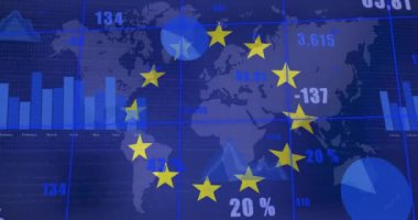 Avrupa Birliği dünya haritası üzerinde finansal veri ve grafiklerle animasyon yıldızları oluşturuyor. finans, ekonomi, analiz, küresel, iş dünyası, pazar