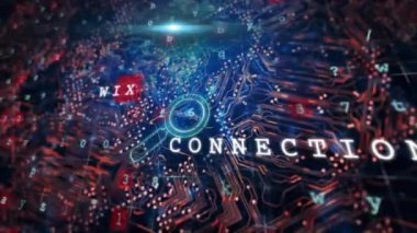 Büyüteç ve Bağlantı metni dijital devre kartı ve animasyon numaraları üzerinde. Teknoloji, analiz, araştırma, siber güvenlik, bilgi, veri