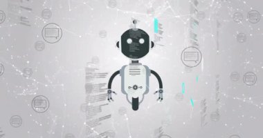 Dijital veri ve ağ bağlantıları üzerinden robot animasyonu. Teknoloji, yapay zeka, robotik, bağlantı, fütüristik, yenilik