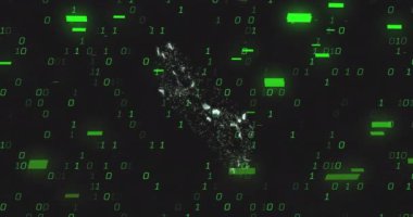 Yeşil dijital arkaplan üzerinde ikili kod animasyonu olan bir e- posta simgesi. Teknoloji, iletişim, veri, internet, ağ, görselleştirme