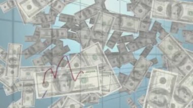 Düşen dolar banknotları ve değişen borsa grafikleri. Maliye, ekonomi, yatırım, para birimi, düşüş, dalgalanma