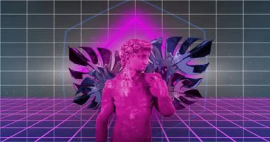 Tropikal yaprakları ve şebeke arkaplanı olan neon pembe heykel üzerinde arıza etkisi. Soyut, dijital sanat, retro, 80 'ler, buhar dalgası, fütüristik