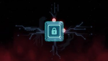 Devre çizgileri olan bir simge kilitle, karanlık arkaplanda veri güvenlik animasyonu. Siber güvenlik, koruma, şifreleme, teknoloji, dijital, gizlilik