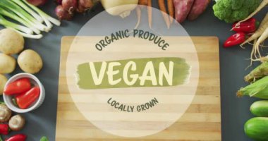 Organik, sebzeler üzerinde yerel olarak yetiştirilmiş vejetaryen bir animasyon üretiyor. meyve, çiftlikten masaya, taze, sağlıklı, diyet, bitki temelli