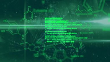 Yeşil dijital arkaplan üzerinde kimyasal formüller ve veri işleme animasyonu. Bilim, teknoloji, yenilik, analitik, kimya, fütüristik