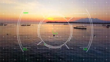 Gün batımında teknelerin üzerindeki hedefleme sistemi animasyonu. Teknoloji, navigasyon, izleme, deniz, akşam, ufuk kavramı