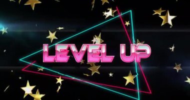 Metin animasyonunu neon üçgenler ve siyah arkaplandaki altın yıldızlar üzerinde seviyelendir. Seviyeli, parlak, canlı, fütüristik, renkli, hareketli