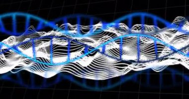 DNA ipliği ve dalga kalıpları, bilimsel veri işleme animasyonu. Genetik, biyoteknoloji, veri analizi, biyoenformatik, moleküler, sarmal