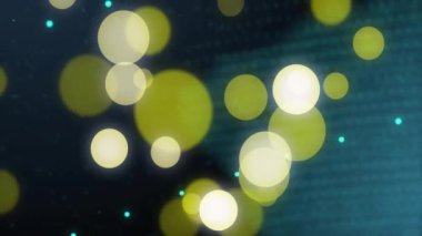 Veri noktalarıyla dönen dijital dünyanın üzerinde parlayan sarı daireler animasyonu. Teknoloji, fütürist, ağ, küresel, bağlantı, görselleştirme