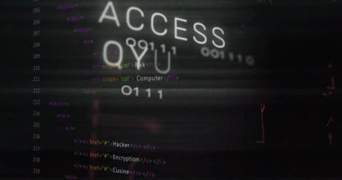 Bilgisayar kodu ve ikili sayılar üzerinden Reddedilmiş metin animasyonuna erişim. Siber güvenlik, veri, hackleme, dijital, internet, teknoloji