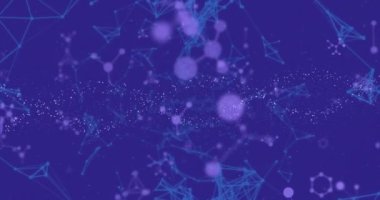 Mavi arka plandaki soyut moleküler yapılar üzerinde DNA ipliği animasyonu. Biyoteknoloji, genetik, bilim, yenilik, araştırma, kimya konsepti