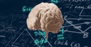 Matematiksel denklemler ve formüller üzerinde beyin animasyonu. Beyin fırtınası, yaratıcılık, zeka, yenilik, problem çözme, matematik