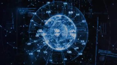 Veri noktaları ve numaraları ile parlayan dijital küre, küresel ağ animasyonu. Teknoloji, bağlantı, fütüristik, siber uzay, iletişim, görselleştirme