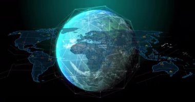 Dönen dünya üzerinde dijital dünya haritası ve veri görselleştirme animasyonu. Global, teknoloji, dünya, analitik, haritalama, fütüristik