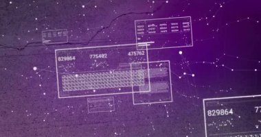 Sayılar ve grafiklerle soyut mor arkaplan üzerinde dijital veri işleme animasyonu. Teknoloji, analiz, görselleştirme, fütüristik, bilgi