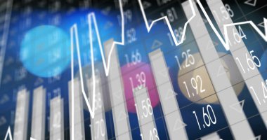 Siyah arka planda Bokeh üzerinden veri işleme resmi. Küresel teknoloji, bilgisayar ve dijital arayüz kavramı dijital olarak oluşturulmuş görüntü.