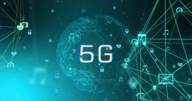 Siyah zemin üzerinde 5G bulunan simgelerle bağlantı ağının resmi. Küresel bağlantılar, teknoloji, hesaplama ve dijital arayüz konsepti dijital olarak oluşturuldu.