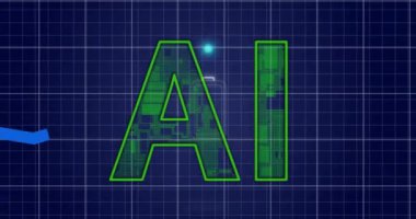 Mavi şebeke üzerinde dijital devre desenleri olan yapay zeka metni. Yapay zeka, teknoloji, yenilik, fütürist, veri, soyut