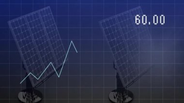 Güneş panelleri ve dalgalı grafik animasyonu enerji üretim verilerini gösteriyor. Yenilenebilir, sürdürülebilirlik, teknoloji, analiz, temiz, çevre