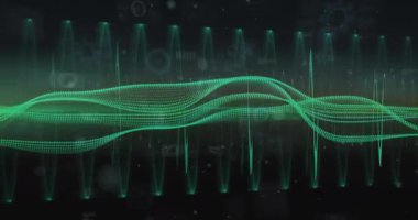 Fütürist arayüz üzerinde yeşil dalga formları ve dijital veri işleme animasyonu. Teknoloji, elektronik, siber, görselleştirme, ağ, görüntü