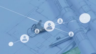 Bağlantılar ağı ve kullanıcı simgeleri animasyonu üzerinden planlar ve anahtarlar. Teknoloji, dijital, ağ, siber güvenlik, iletişim, veri