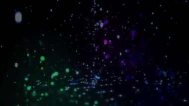 Yüzen ve parlayan renkli parçacıklar, koyu arkaplan üzerinde soyut animasyon. parlak, canlı, hareketli, dinamik, kozmik, enerji