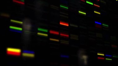 Renkli bantlı DNA dizilimi ve koyu arkaplanda harfler. Genetik, biyoteknoloji, biyoenformatik, moleküler, analiz, genom konsepti