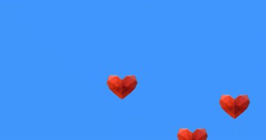 Mavi arka planda kırmızı çokgen kalp animasyonu. Aşk, romantizm, dijital, soyut, geometrik, Valentine
