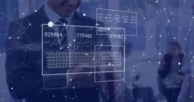 Ofiste çalışan iş adamları üzerinde dijital veri ve ağ bağlantıları. Teknoloji, yenilik, bağlantı, ağ, takım çalışması, işbirliği