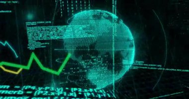 Finansal verileri olan dijital küre ve yeşil matris arkaplanı üzerinde kodlama animasyonu. Finans, teknoloji, siber güvenlik, yatırım, ekonomi, fütürist