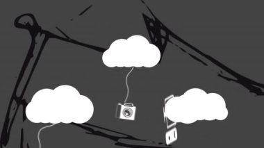 Çizgilerle birbirine bağlı çeşitli teknoloji simgeleri üzerinde bulut hesaplama animasyonu. ağ, dijital, internet, veri, bağlantı, iletişim