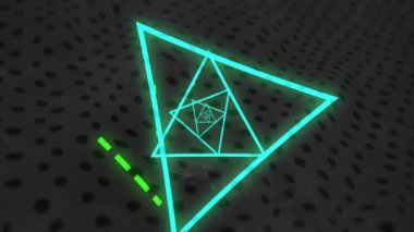 Neon yeşil geometrik şekiller ve çizgiler koyu noktalı arkaplan üzerinde animasyon. Soyut, fütüristik, dijital, modern, enerjik, dinamik