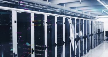 Veri merkezindeki sunucular üzerinde bilgisayar kodu animasyonu. Teknoloji, kodlama, siber ağ, dijital, bilgi