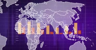 Mor arkaplan üzerinde bar çizelgeleri ve veri işleme animasyonu olan dünya haritası. Küresel, analitik, istatistik, veri görselleştirme, dijital, bilgi