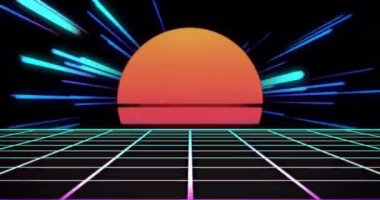 Günbatımını neon şebeke ve ışık çizgileriyle geri döndür. 80 'ler, fütürist, dijital, canlı, sentetik dalga, siber punk