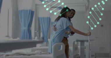 Hastanedeki hastaya yardım eden hemşire yerine DNA ipliği. Sağlık, bilim, genetik, hemşirelik, hasta bakımı, tıbbi