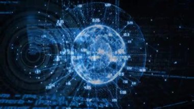 Veri noktaları ve ikili kodlu dijital dünya, küresel ağ animasyonu. Teknoloji, bağlantı, internet, sanal, analitik, siber uzay