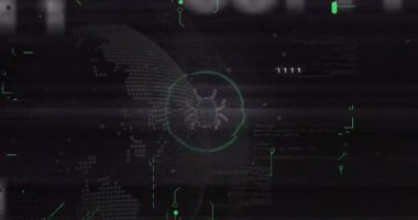 Bug simgesi ve ikili kod animasyonu dijital dünya haritası arka planında. Siber güvenlik, teknoloji, siber saldırı, kötü amaçlı yazılım, hackleme, bilgi güvenliği