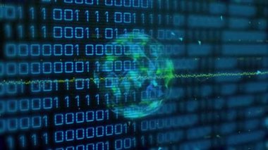 Veri işleme arkaplanı üzerinde ikili kod ve dijital küresel animasyon. Teknoloji, fütürist, ağ, kodlama, siber güvenlik, bilgi