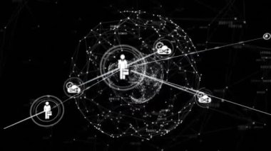 Dijital insan simgeleri üzerinde bağlantı ve veri işleme animasyonu ağı. Teknoloji, iletişim, internet, yazılım, simülasyon, siber uzay