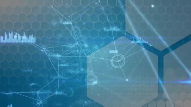 Mavi arkaplan üzerinde altıgen ızgara ve veri canlandırma animasyonu. dijital, teknoloji, tasarım, fütürist, bilgi, yapı
