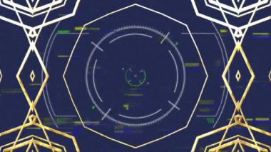 Geometrik şekiller ve hedef animasyon koyu mavi arkaplan üzerinde. Soyut, dijital, şablon, tasarım, fütürist, modern