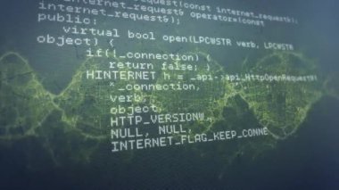Yeşil dijital bağlantılar üzerine programlama kodu ve nöral ağ animasyonu. Teknoloji, yapay zeka, kodlama, siber, gelecekçi.