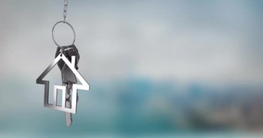 Bulanık arka planda ev şeklinde anahtarlık animasyonu. ev, gayrimenkul, mülk, nesne, aksesuar, hareket grafikleri