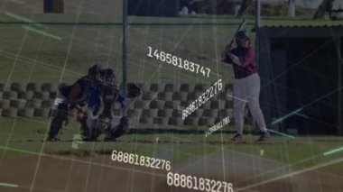 Beyzbol oyuncuları saha üzerinde veri işleme animasyonuyla hareket halindeler. Spor, sporcular, teknoloji, analitik, takım çalışması, oyun oyunu