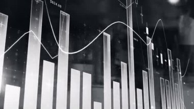 Finansal veri tabloları ve karanlık arka plan üzerindeki grafikler. Maliye, ekonomi, borsa, analiz, istatistik, büyüme