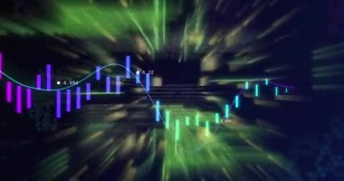 Programlama kodu ve finansal grafikler, karanlık arka planda veri analizi animasyonu. Teknoloji, finans, dijital, istatistik, analitik, fütürist
