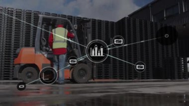 İşçi forklifti üzerinde lojistik ve veri işleme animasyonu ağı. ulaşım, teknoloji, depo, sanayi, otomasyon, verimlilik
