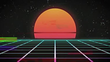 Güneş batımını ızgara ve arıza efektleri ile yıldızlı arka plan üzerinde geri döndür. neon, 80 'ler, synthwave, buhar dalgası, fütüristik, dijital