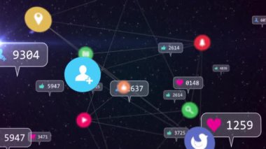 Ağ bağlantıları üzerinden hareketli sosyal medya bildirimleri ve etkileşimleri. dijital, ağ, iletişim